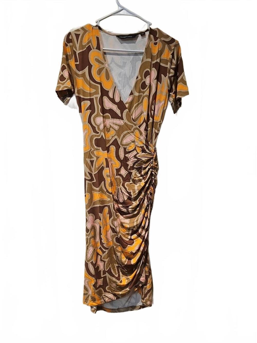 NEW Colleen Lopez SZ S Shirred Surplice MIDI Dress BROWN FLORAL - Picture 2 of 6